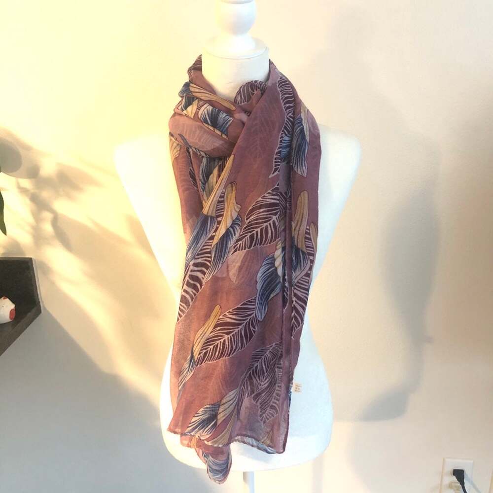 Sheer Purple Leaf Pattern Print Scarf